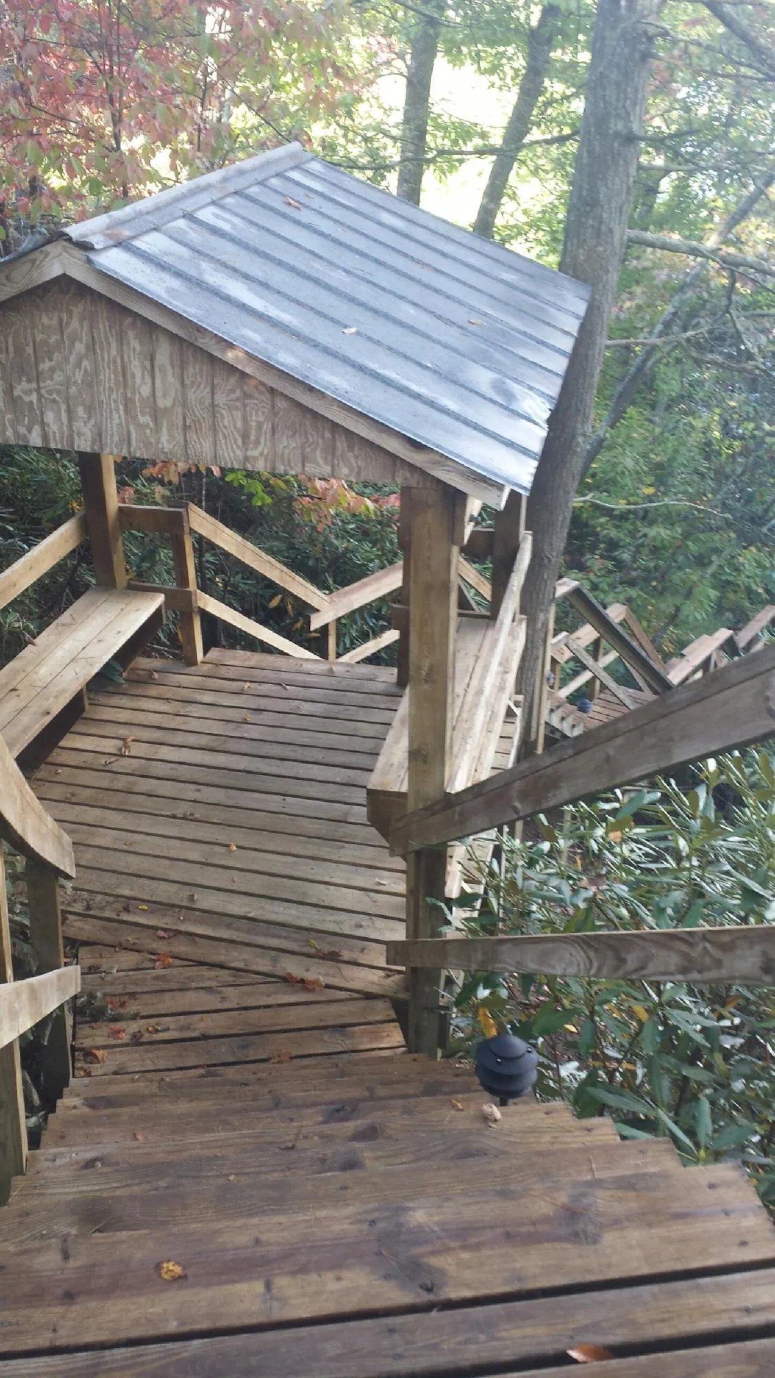 Metal roofed shelter over wooden steps on a wooded walkway — Skylight Repair & Installation work by our crew in Cobb Island